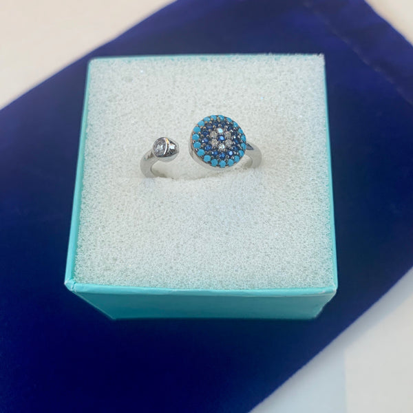 Blue Evil Eye Sterling Silver Ring Adjustable