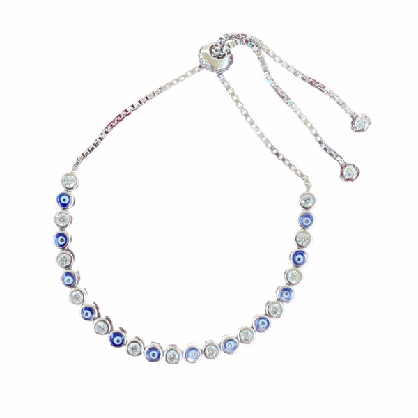 Evil Eye Protection Silver Bracelet – Adjustable Sterling Silver Charm Bracelet with Crystals