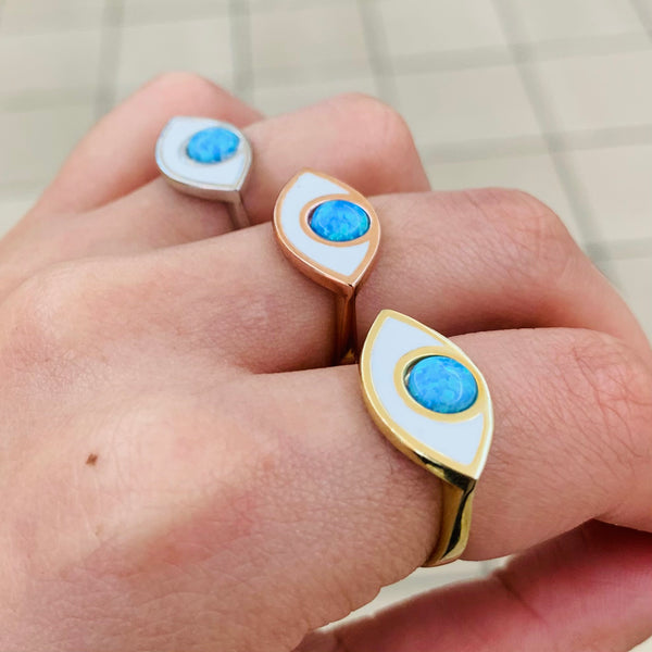 Blue Opal Enamel Stone Eye Shape Evil Eye Sterling Silver Ring