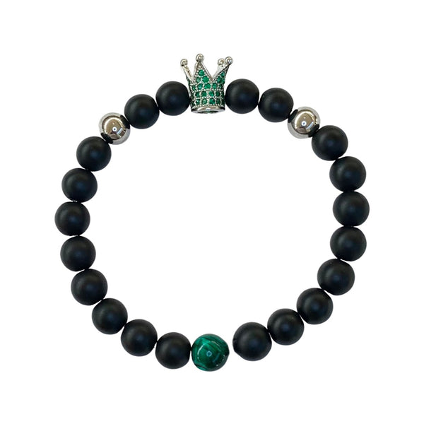 Black Matte Onyx with Green Crown Crystal Men Women Natural Gemstone Beaded Bracelet