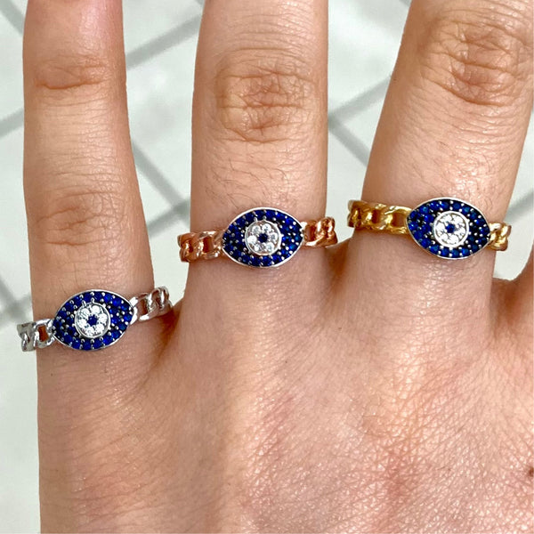 Blue Eye Shape Ring Sterling Silver Chain Style Adjustable Ring