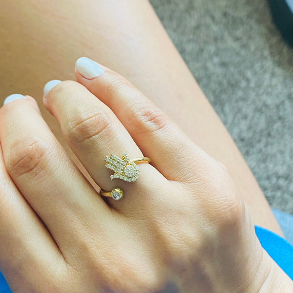 Hamsa Ring Adjustable Sterling Silver with Crystals