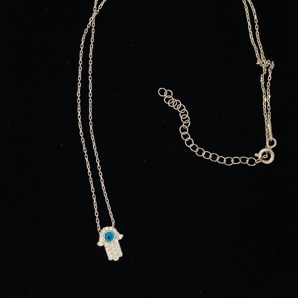 Small Hamsa with Evil Eye Crystals Sterling Silver Necklace