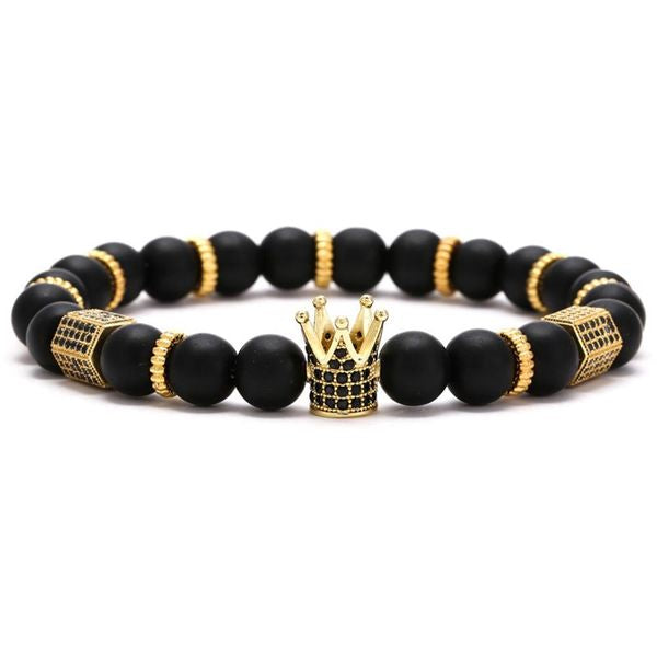 Lava Stone with Crown with Evil Eye Crystal Men Women Natural Gemstone Beaded Bracelet
