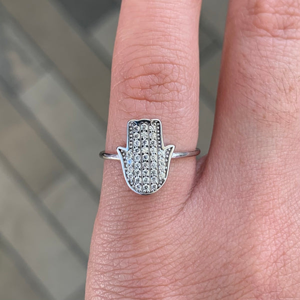 Hamsa Sterling Silver Silver Ring CZ