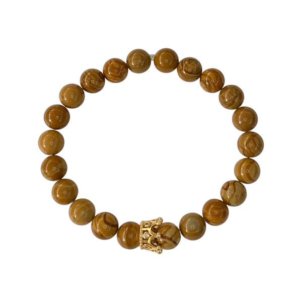 Yellow Jasper with Queen Golden Crown Crystal Men Women Natural Gemstone Beaded Bracelet