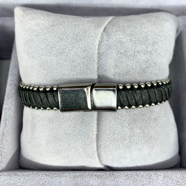 Strip Wrapped Black Leather Bracelet