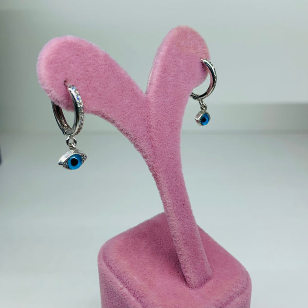 Mini Turkish Blue Evil Eye Sterling Silver Dangle Huggie Post Earrings