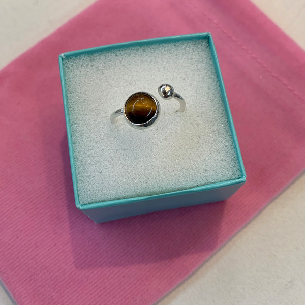 Gemstone Turquoise Tiger Eye Ring Sterling Silver Adjustable