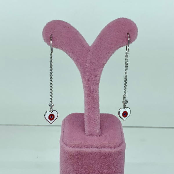 Heart with Evil Eye Japanese Dangle Chain Sterling Silver Earrings