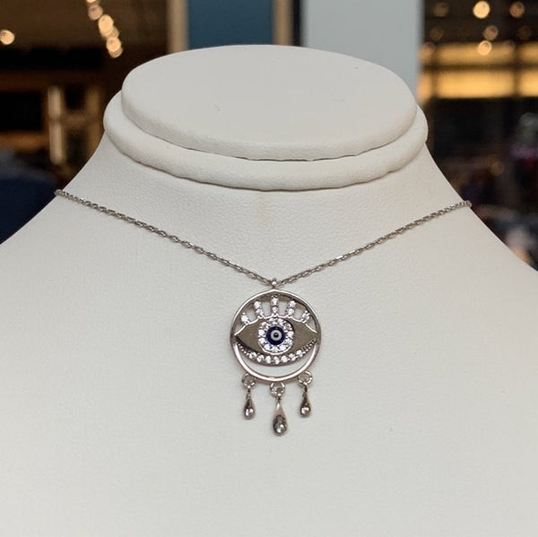 Dainty Crystal Eye Shape Evil Eye Silver Necklace Enamel