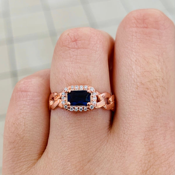 Rose Gold Navy Stone Chain Sterling Silver Ring