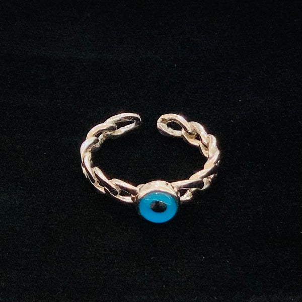 Turkish Blue Eye Chain Ring Adjustable Sterling Silver