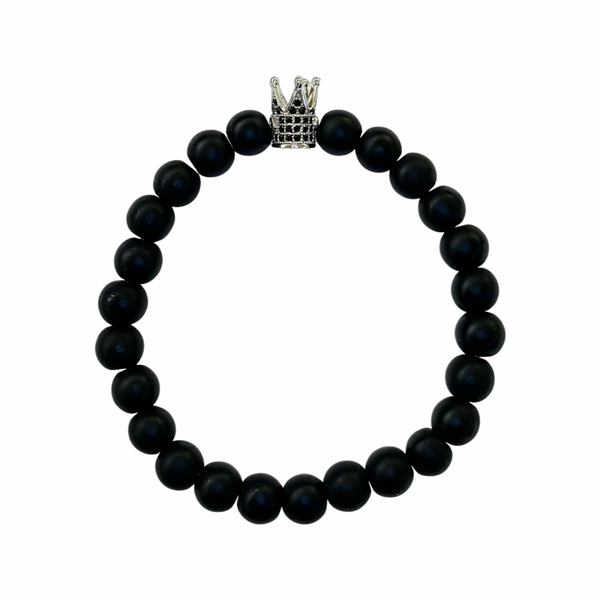 Black Matte Onyx with King Crown Crystal Men Women Natural Gemstone Beaded Bracelet