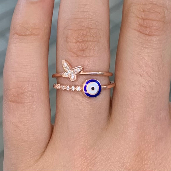 Butterfly Evil Eye CZ Enamel Sterling Silver Ring Adjustable