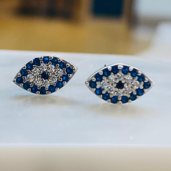 Flat Eye Shape Crystal Evil Eye Stud Sterling Silver Earrings