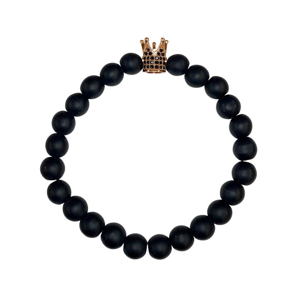 Black Matte Onyx with King Crown Crystal Men Women Natural Gemstone Beaded Bracelet