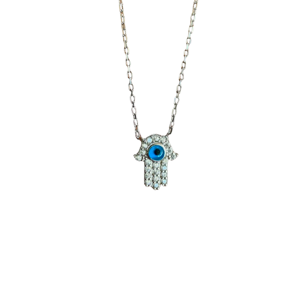 Small Hamsa with Evil Eye Crystals Sterling Silver Necklace