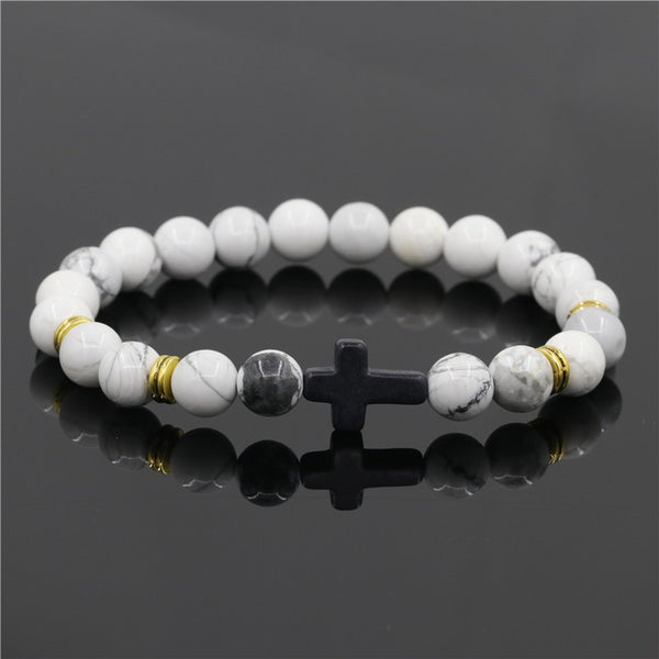 Howlite with Cross Crystal Men Women Natural Gemstone Beaded Bracelet