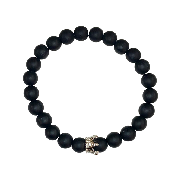 Black Matte Onyx with Queen Crown Crystal Men Women Natural Gemstone Beaded Bracelet