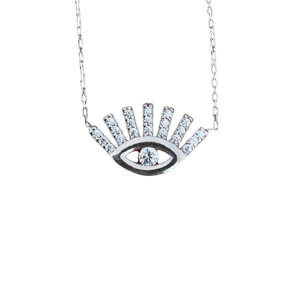 Eye Shape with Lashes Crystal Evil Eye Necklace Sterling Silver