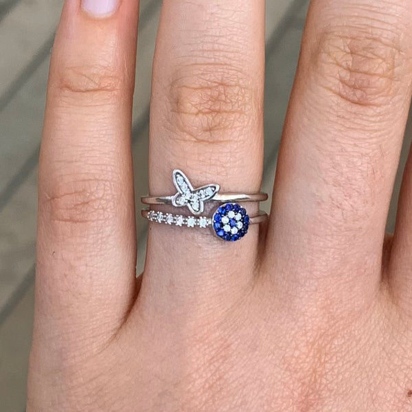 Butterfly Evil Eye CZ Enamel Sterling Silver Ring Adjustable