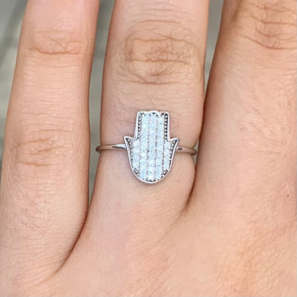 Hamsa Sterling Silver Silver Ring CZ