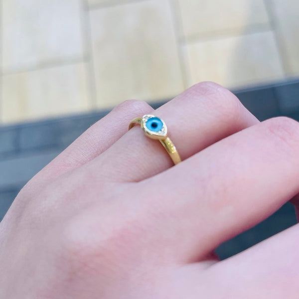 Blue Eye Shape Mini Ring Sterling Silver for Pinky Finger Adjustable Ring