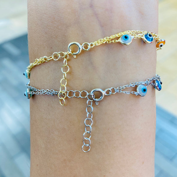 Triple Chain Multiple Enamel Evil Eye Bracelet Gold Silver