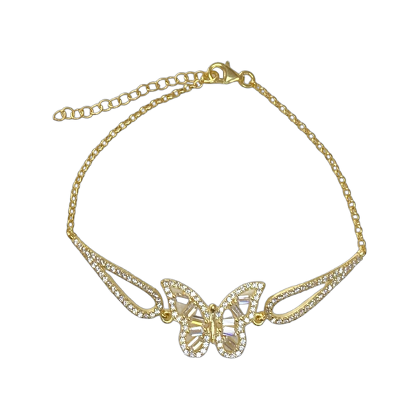 Big Single Butterfly Sterling Silver Bracelet with Baugette Diamonds