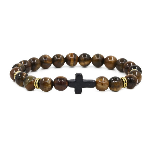 Tiger Eye with Cross Crystal Men Women Natural Gemstone Beaded Bracelet