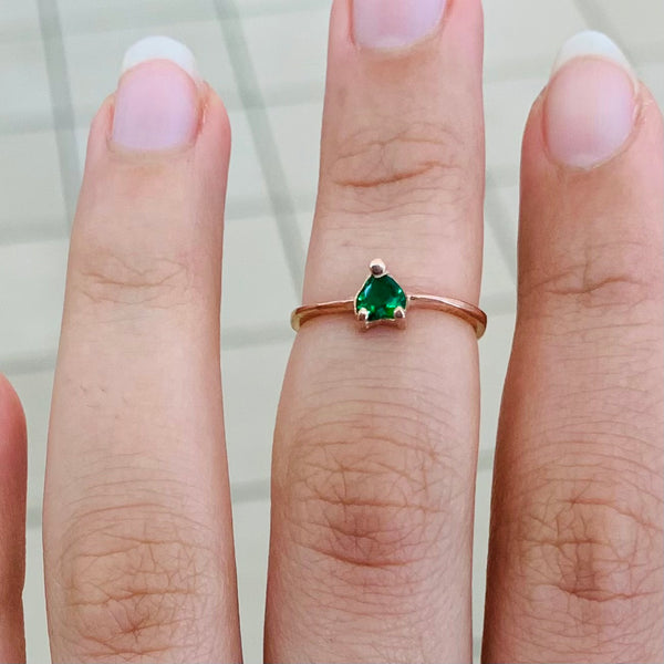 Green Stone Rose Gold Plated Sterling Silver Pinky Finger Ring