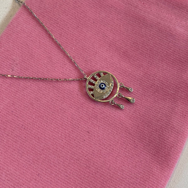 Dainty Crystal Eye Shape Evil Eye Silver Necklace Enamel