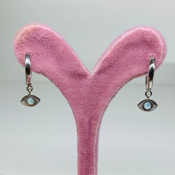 Mini Turkish Blue Evil Eye Sterling Silver Dangle Huggie Post Earrings