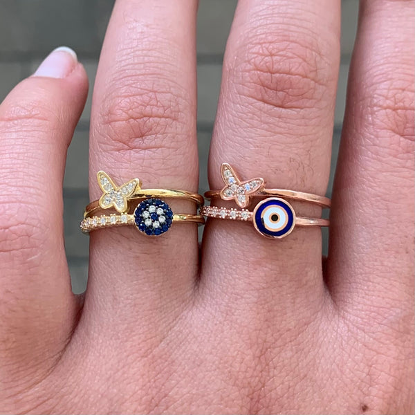 Butterfly Evil Eye CZ Enamel Sterling Silver Ring Adjustable