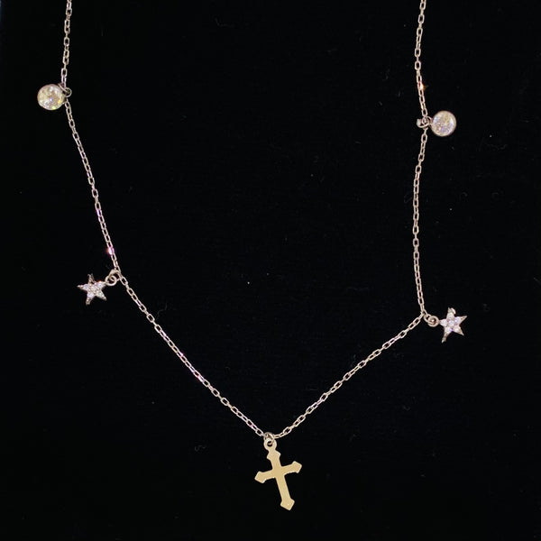 Star and Cross Charm Sterling Silver Necklace