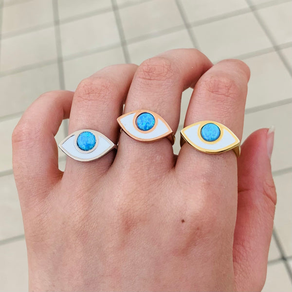Blue Opal Enamel Stone Eye Shape Evil Eye Sterling Silver Ring