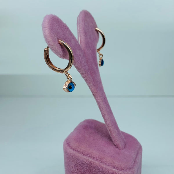 Mini Turkish Blue Evil Eye Sterling Silver Dangle Huggie Post Earrings