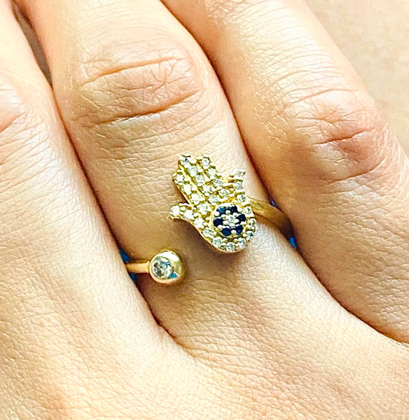 Hamsa Ring Adjustable Sterling Silver with Crystals