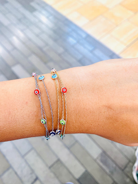 Triple Chain Multiple Enamel Evil Eye Bracelet Gold Silver