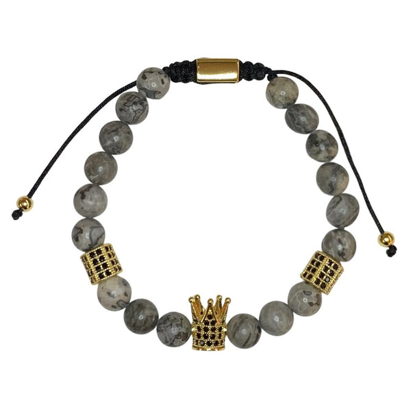 Natural Gray Map Stone with Crown Crystal Men Women Natural Gemstone Adjustable String Beaded Bracelet