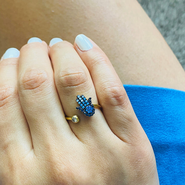 Hamsa Ring Adjustable Sterling Silver with Crystals