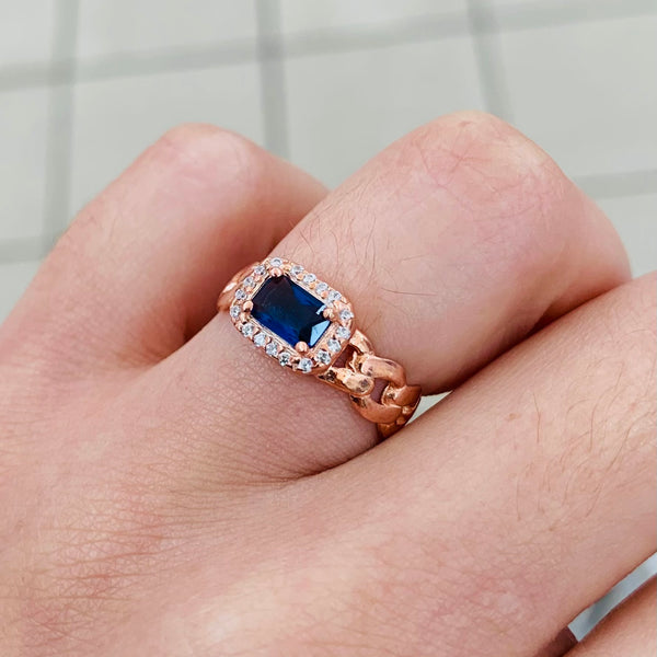Rose Gold Navy Stone Chain Sterling Silver Ring