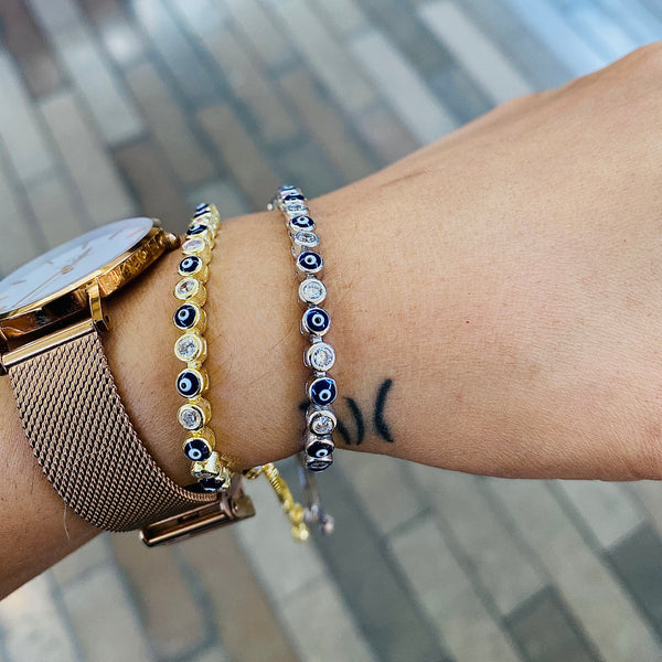 Evil Eye Protection Silver Bracelet – Adjustable Sterling Silver Charm Bracelet with Crystals