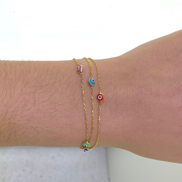 Triple Chain Multiple Enamel Evil Eye Bracelet Gold Silver