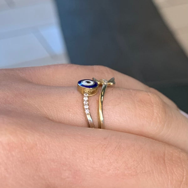 Butterfly Enamel Evil Eye Wavy Sterling Silver Ring