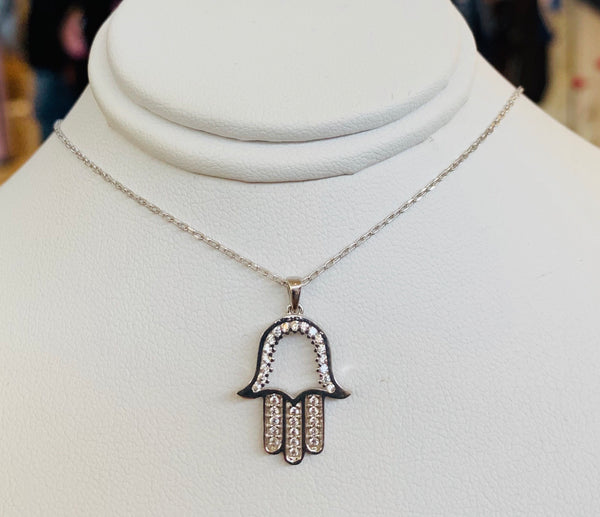 Hamsa Hand Crystal Necklace Silver