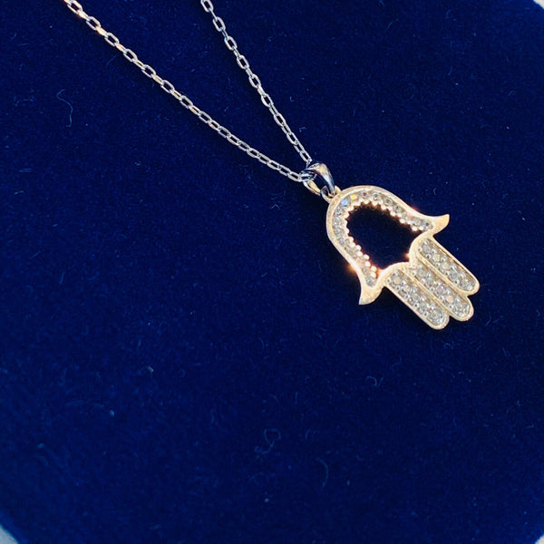 Hamsa Hand Crystal Necklace Silver