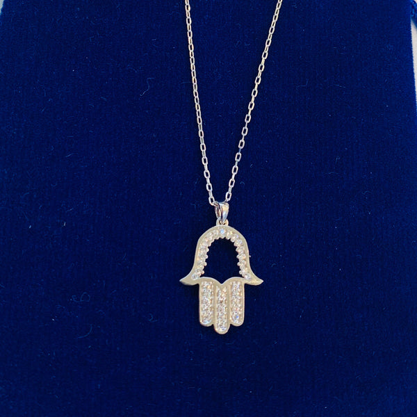 Hamsa Hand Crystal Necklace Silver