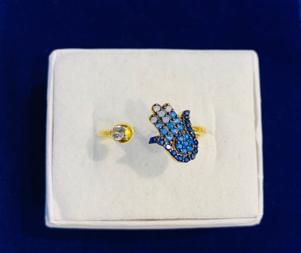 Hamsa Ring Adjustable Sterling Silver with Crystals